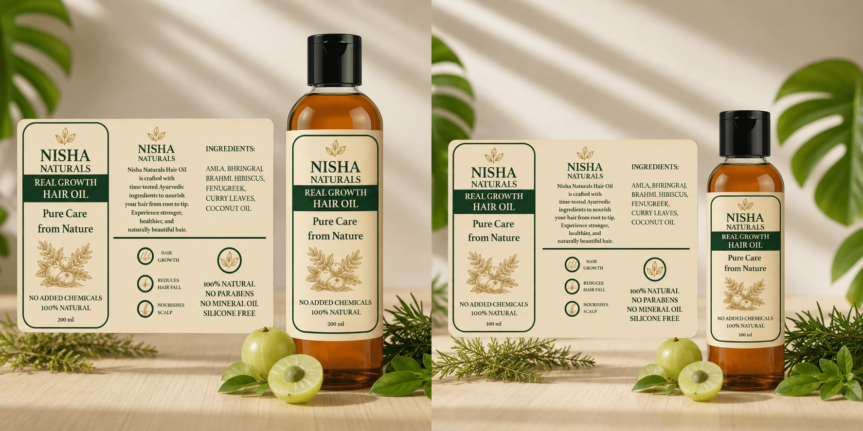 Nisha Naturals labeled amber oil bottle
