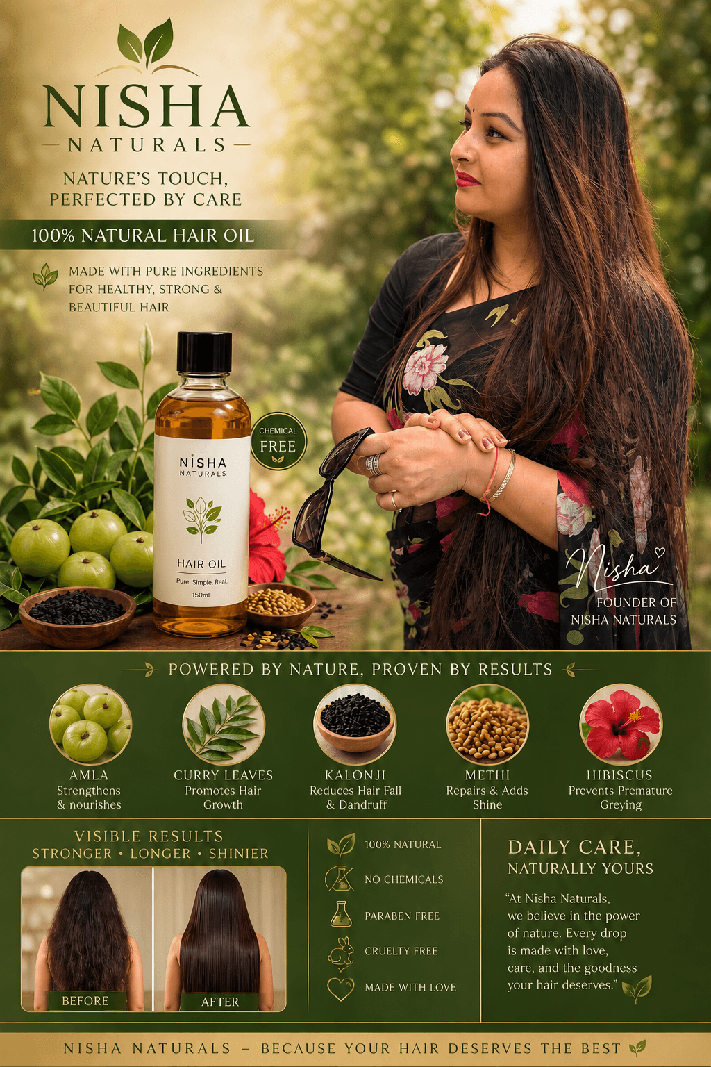 Nisha, founder of Nisha Naturals, with the branded hair oil